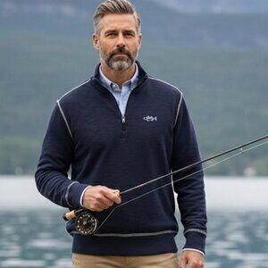 Orvis Fishing Sweater Navy Blue Quarter-Zip Pima Cotton Pullover - L